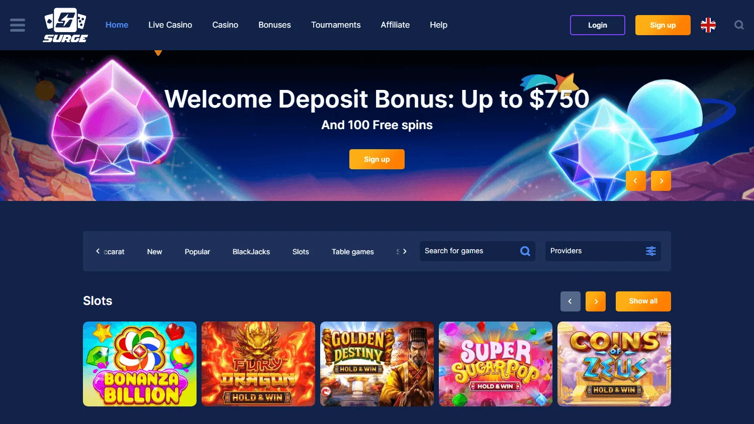 Surge Casino desktop home screen with welcome package information