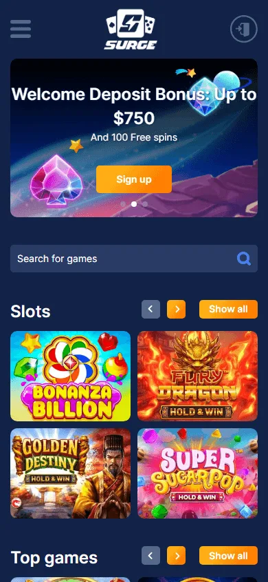 Surge Casino mobile browser home screen
