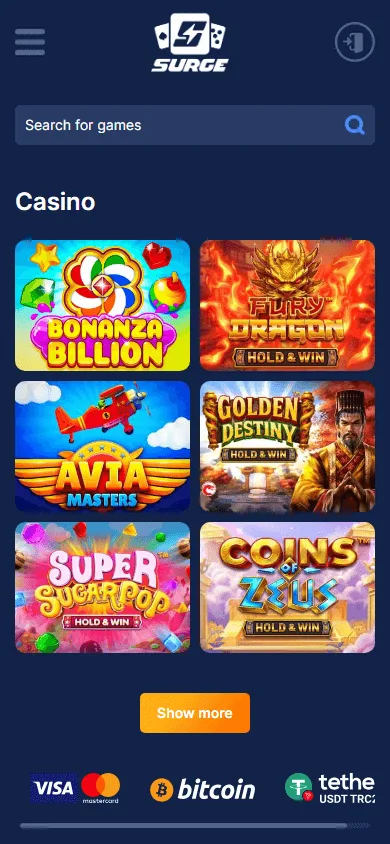 Surge Casino mobile browser game catalogue