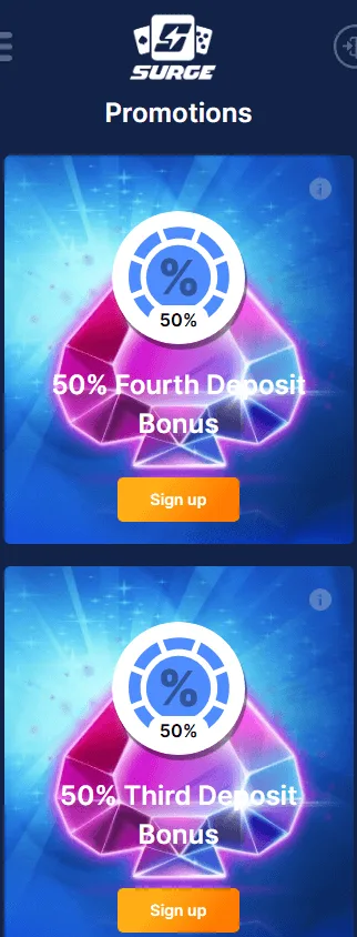 Surge Casino mobile browser promotions area
